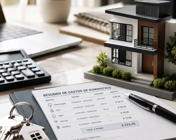 imagen de escritorio con maqueta de casa y lista de gastos
