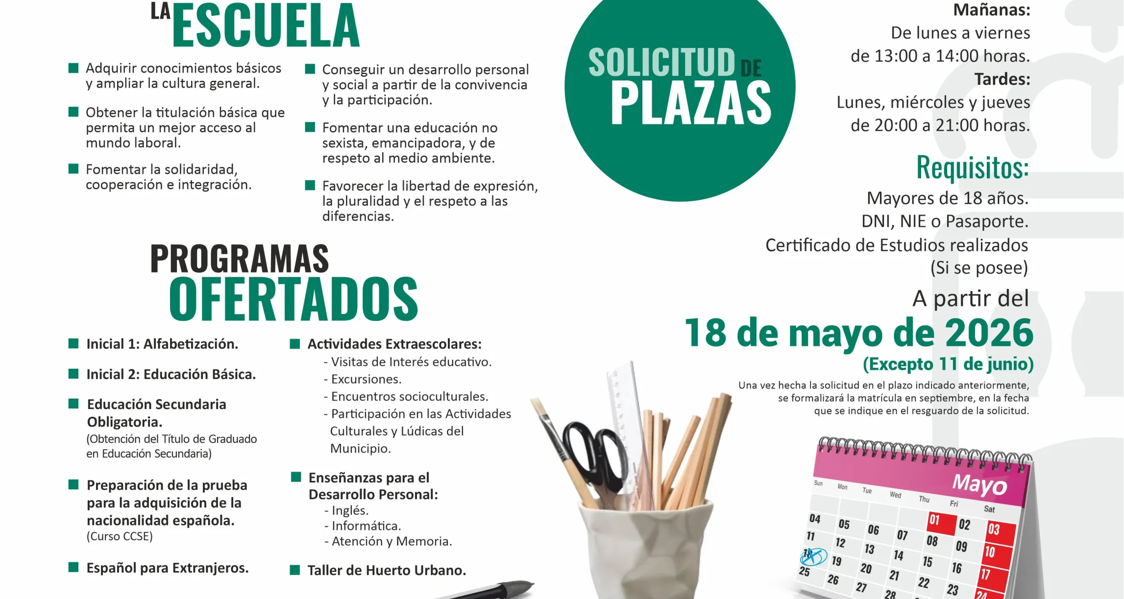 Folleto inscripción escuela de adultos curso 2026-2027 interior